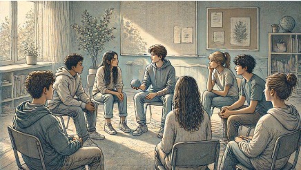 Group of teens practicing turn-taking and active listening during a conversation circle activity built for ADHD social skills development.