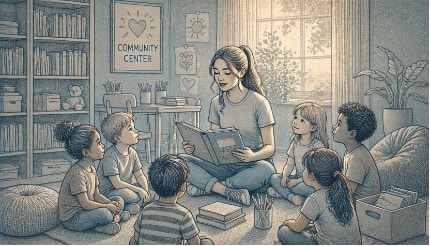 Teen girl reading aloud to a group of younger children at a community center, actively practicing service work that builds purpose and self-worth.