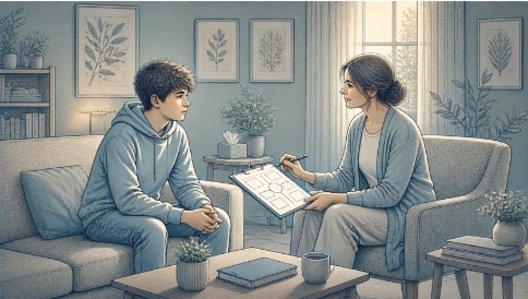 Teenage boy and adolescent therapist working through a CBT coping skills worksheet.