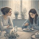 Mother and teenage daughter at the kitchen table during a family meal, where parents often notice early changes in their teen's eating behavior.