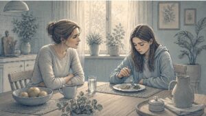 Mother and teenage daughter at the kitchen table during a family meal, where parents often notice early changes in their teen's eating behavior.