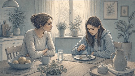 Mother and teenage daughter at the kitchen table during a family meal, where parents often notice early changes in their teen's eating behavior.