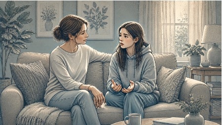 Concerned mother having an open conversation with her teenage daughter on the living room couch, listening attentively while her daughter shares her feelings.