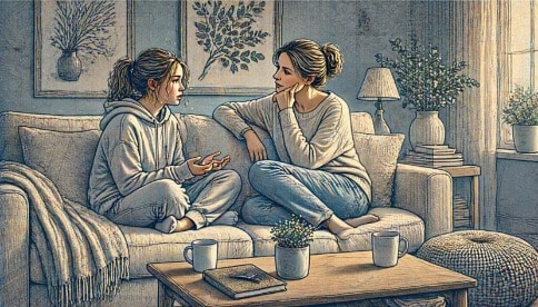 Mother sitting beside her teenage daughter on a couch, listening attentively during a calm conversation about her emotions at home.