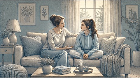 Mother and teenage daughter sitting on a living room couch having a calm, solution-focused conversation after a moment of conflict at home.