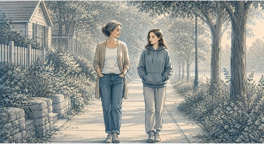 Parent walking side by side with a teenage child along a quiet path, sharing a calm conversation about loss without forced eye contact.