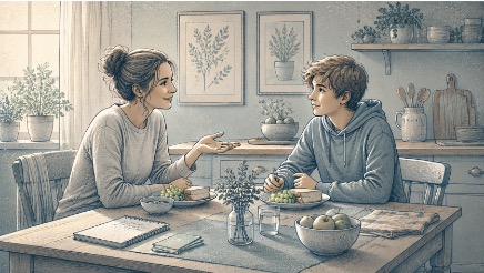 Parent and teenage son practicing a role-play conversation at the kitchen table to rehearse social scenarios.