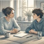 Mother using calm, collaborative problem-solving to talk through a behavior issue with her teenage son, who has ADHD.
