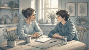 Mother using calm, collaborative problem-solving to talk through a behavior issue with her teenage son, who has ADHD.