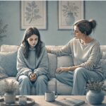 Worried parent sitting on a couch beside a withdrawn teenage daughter in a softly lit living room, offering quiet support during a difficult conversation about her mood.