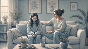 Worried parent sitting on a couch beside a withdrawn teenage daughter in a softly lit living room, offering quiet support during a difficult conversation about her mood.