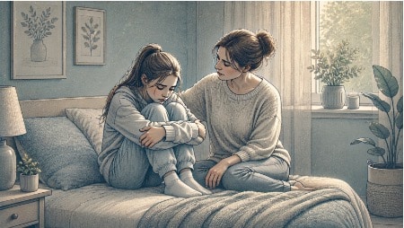 Mother offering gentle support to her anxious teenage daughter, illustrating the parental role in motivating teens with anxiety.