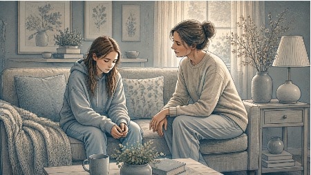 Teenager sitting quietly on a couch while a parent listens with calm attention, showing supportive presence during grief at home.