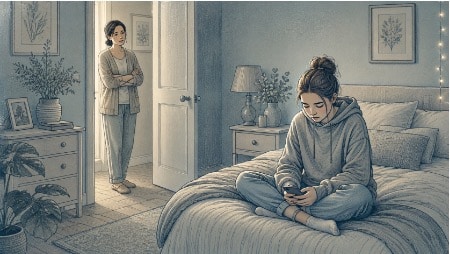 Sad teenage girl experiencing cyberbullying sitting alone on her bed, looking at her phone while her concerned mother watches from the doorway of her bedroom.