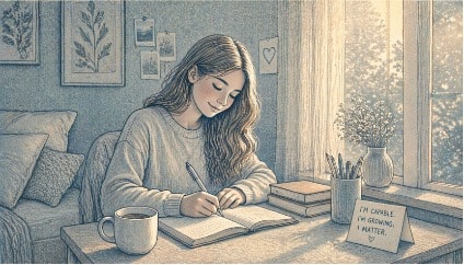 Teen girl smiling quietly as she writes in a journal by a sunlit window, reflecting the steady self-worth that everyday confidence-building activities can create.