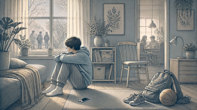 A teenage boy isolating himself, hugging his knees by a window, while peers gather outside, a common early sign of emotional distress.