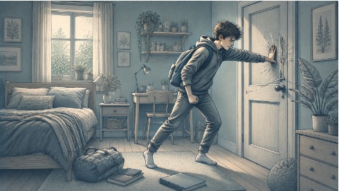 Frustrated teenage boy slamming his bedroom door after school, illustrating how accumulated daily input can trigger sudden emotional outbursts.