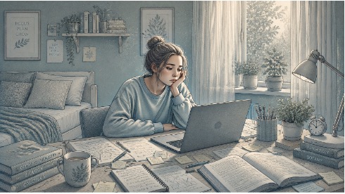 Teenage girl staring blankly at her laptop screen during a study session, surrounded by scattered notes, struggling to focus due to burnout.