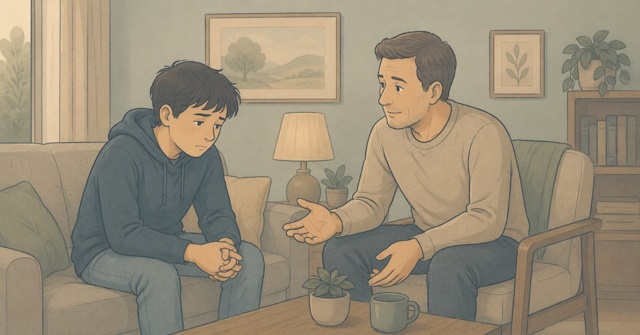 Father is having a deep conversation with his teenage son, who is struggling with negative thoughts