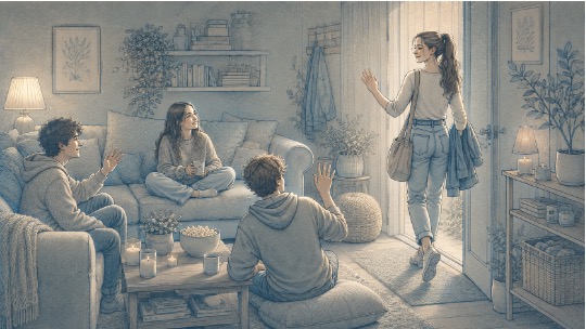 A young woman waves goodbye and leaves a cozy living room where three friends are gathered.