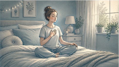 Teenage girl sitting cross-legged on a bed practicing slow breathing with her eyes closed, using a grounding technique to calm an overstimulated nervous system.