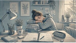 Exhausted teenage girl resting her head on a stack of schoolbooks at her desk, showing visible signs of stress and emotional fatigue at home.
