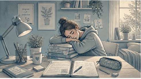 Exhausted teenage girl resting her head on a stack of schoolbooks at her desk, showing visible signs of stress and emotional fatigue at home.