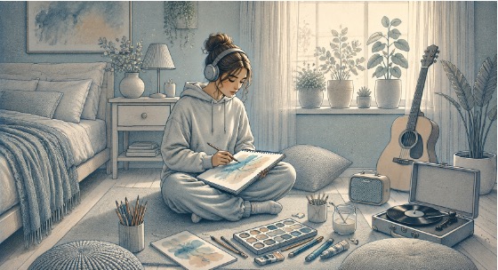 Teen using art and music as creative outlets to process stress and release tension.