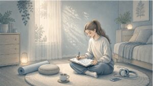 A teen girl using a worksheet to track her stress management practices.