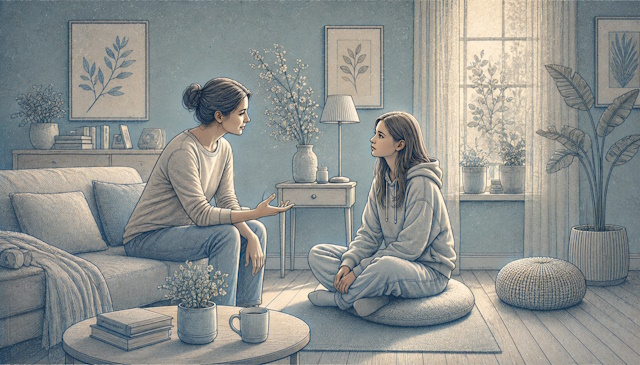 Parent having a calm, supportive conversation with a teen experiencing emotional distress.