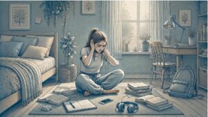 Teenage girl sitting on her bedroom floor with hands covering her ears, surrounded by a phone, headphones, and schoolbooks, showing signs of sensory overload.