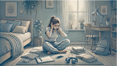 Teenage girl sitting on her bedroom floor with hands covering her ears, surrounded by a phone, headphones, and schoolbooks, showing signs of sensory overload.