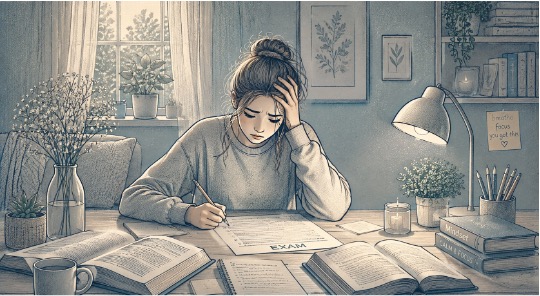 Anxious young teen studying at a desk surrounded by books, notes, and an exam paper.