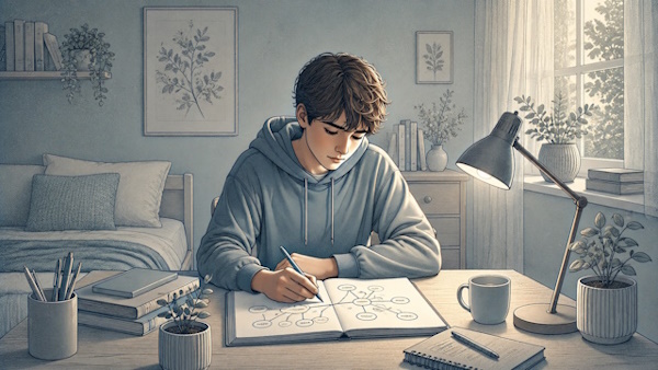 Teen boy writing in a notebook at a desk, mapping out anxious thoughts and triggers to better understand his own thinking patterns.