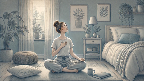 Teen girl sitting cross-legged on her bedroom floor with eyes closed and hand on her chest, practicing slow breathing to calm relationship anxiety.