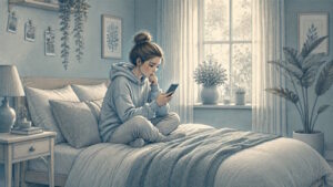 Teen girl sitting on her bed, looking worried at her phone, showing the overthinking and uncertainty common in new relationship anxiety.