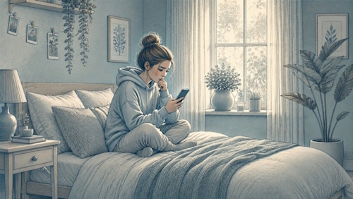 Teen girl sitting on her bed, looking worried at her phone, showing the overthinking and uncertainty common in new relationship anxiety.