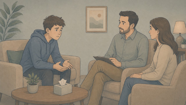 Teenage boy receiving professional treatment for his negative thinking patterns with a parent present.