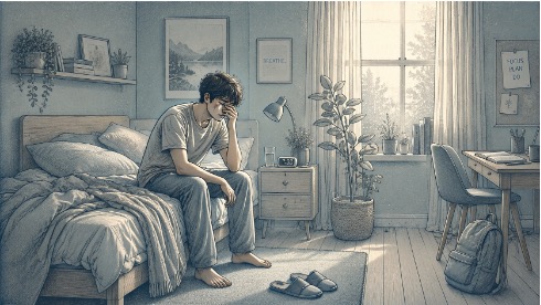 Tired teenage boy sitting on the edge of his bed in the morning, rubbing his eyes after a restless night, showing classic signs of burnout-related fatigue.
