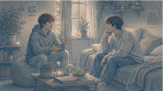 Two teenage boys having a relaxed conversation.