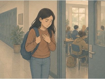Teenage girl taking deep breaths before she enters her classroom