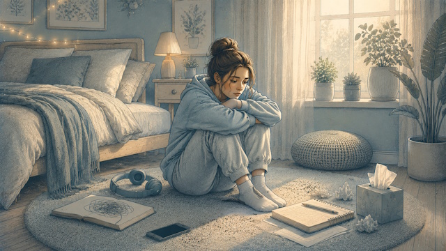 Young woman in a hoodie sits hugging her knees on a bedroom floor, looking sad, showing signs of social withdrawal and emotional distress at home.
