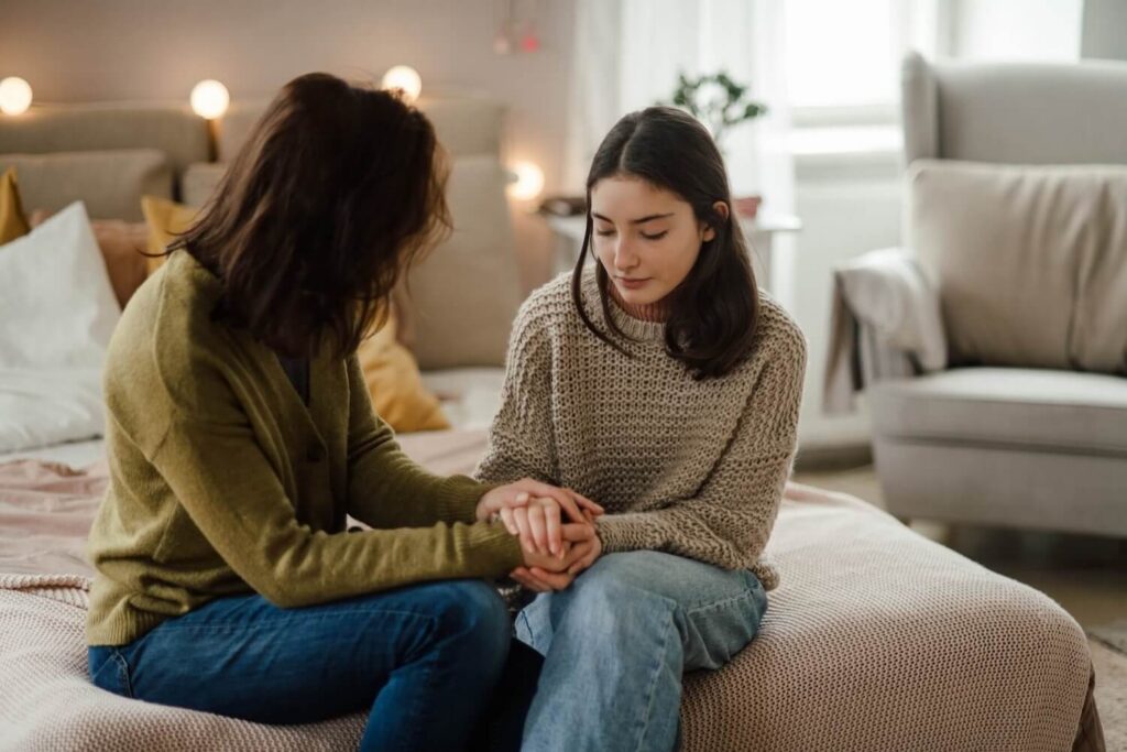 Teen girl sitting on bed with her mom discussing how to recognize emotions