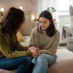 Teen girl sitting on bed with her mom discussing how to recognize emotions