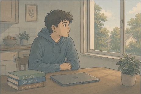 Teen experiencing academic burnout, too exhausted to engage with schoolwork.
