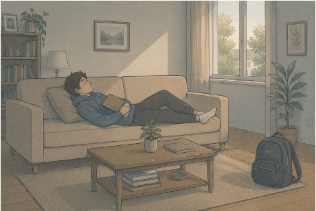 Teen taking a real rest window to recover from months of academic pressure.