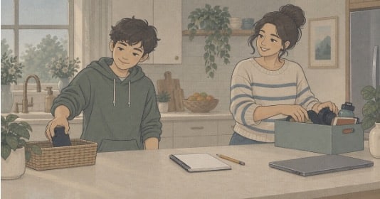 A teen placing his phone in a basket while his mother clears items from the kitchen counter, leaving only a notebook and pencil to start homework.