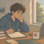 A teen working at his desk with a visual timer and a checklist, using simple tools to manage ADHD procrastination.