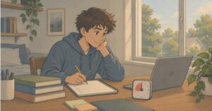 A teen working at his desk with a visual timer and a checklist, using simple tools to manage ADHD procrastination.