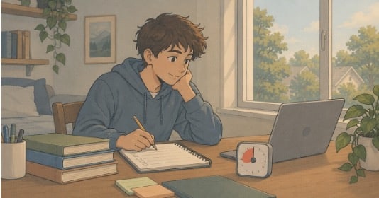A teen working at his desk with a visual timer and a checklist, using simple tools to manage ADHD procrastination.